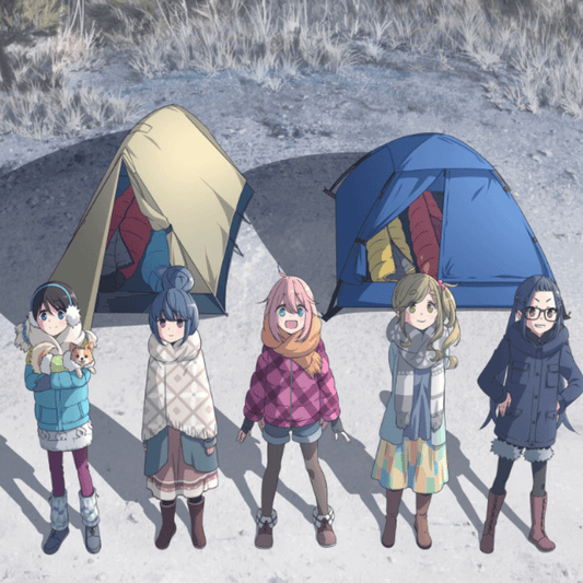 yuru-camp-characters-stand-in-front-of-two-tents